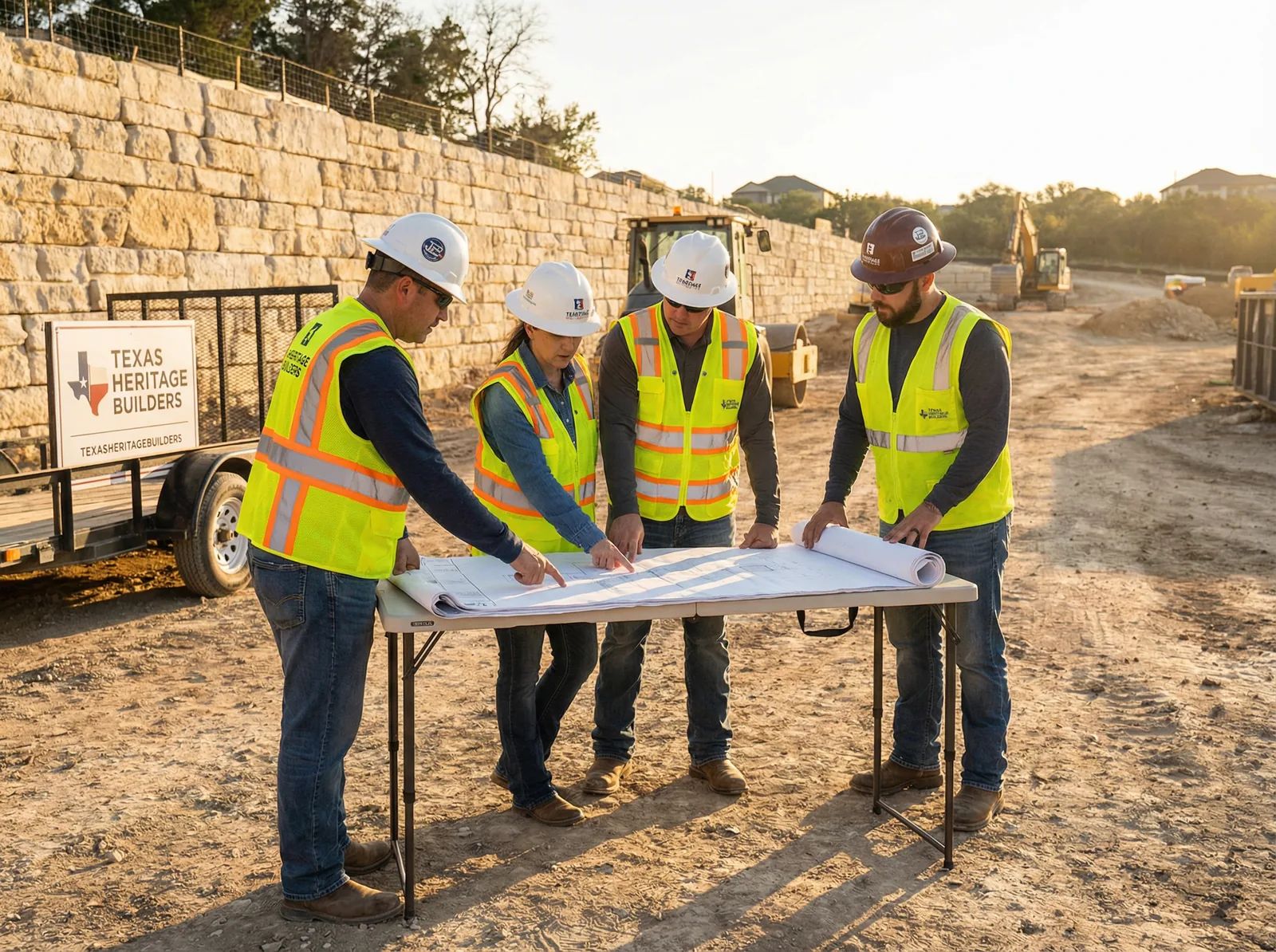 Retaining Wall Masters of Texas team reviewing blueprints at construction site