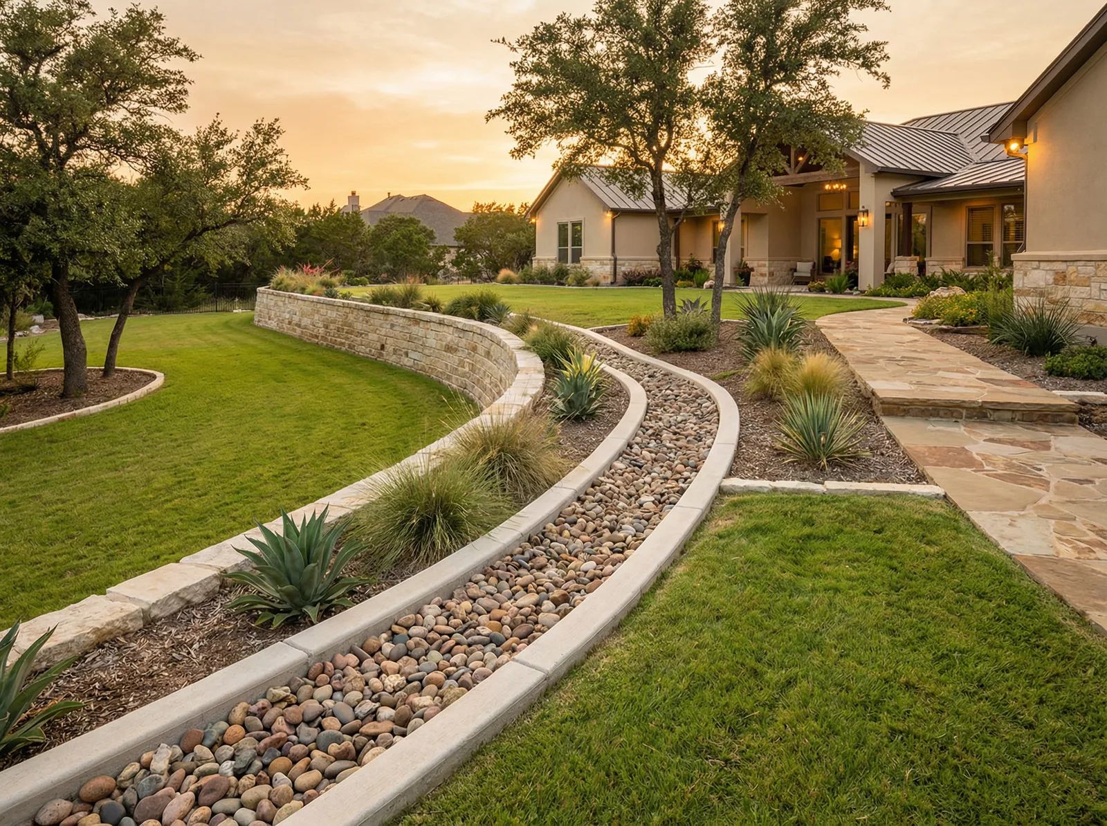 Decorative drainage channel with river rock in Texas landscape