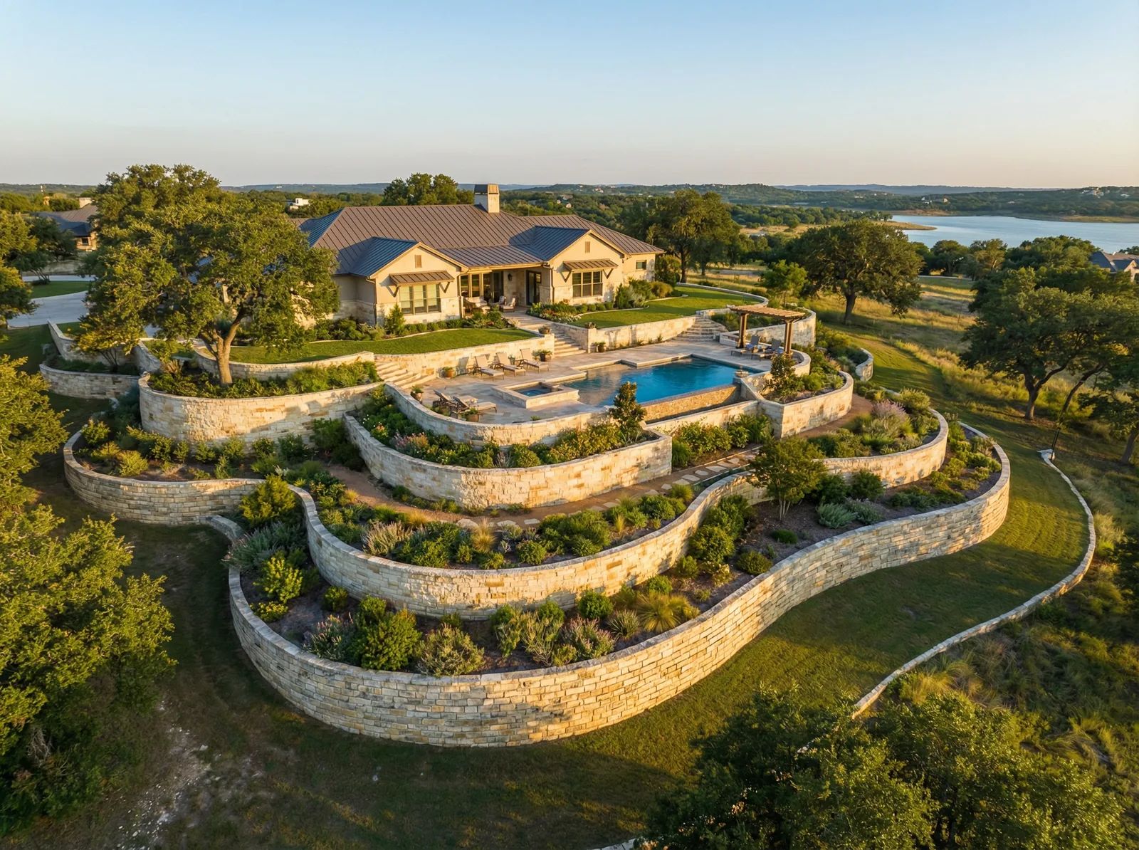 Aerial view of tiered stone retaining walls on Texas hillside