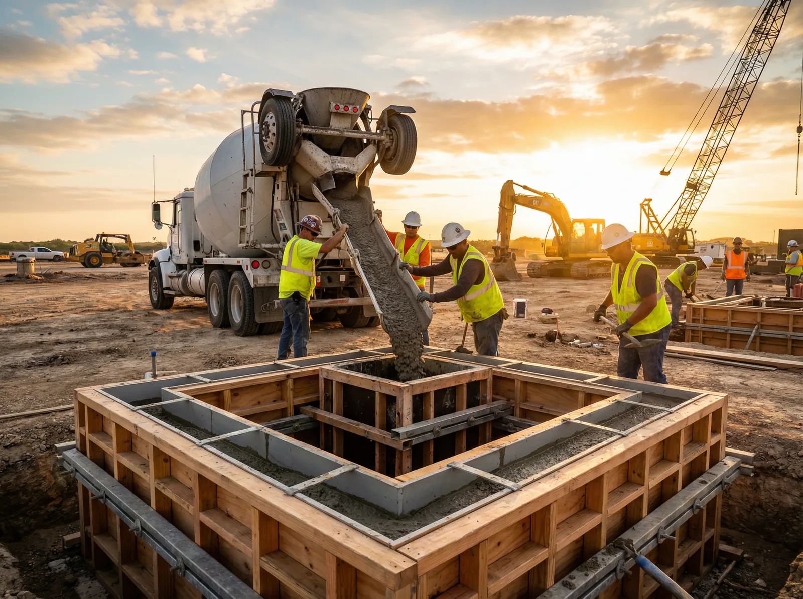 Concrete foundation pour at Texas construction site