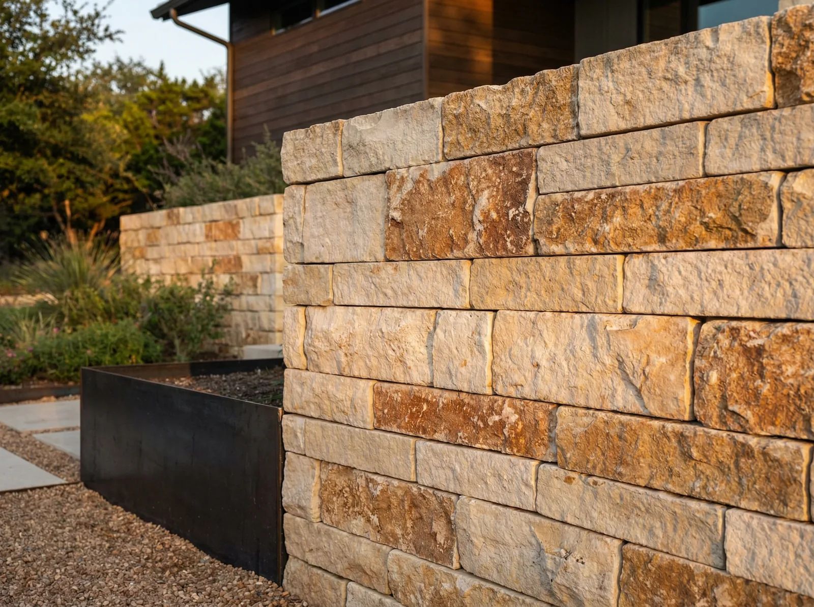 Premium limestone retaining wall close-up in Texas